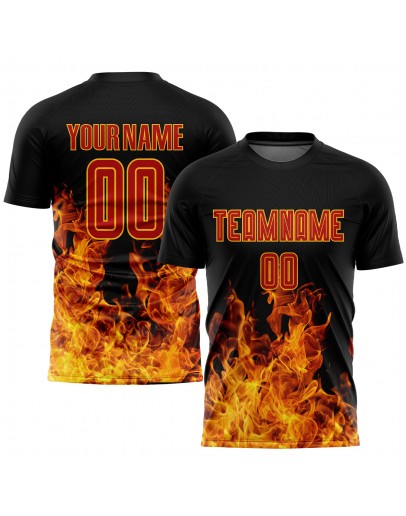 Best Pro Custom Black Red-Gold Flame Sublimation Soccer Uniform Jersey